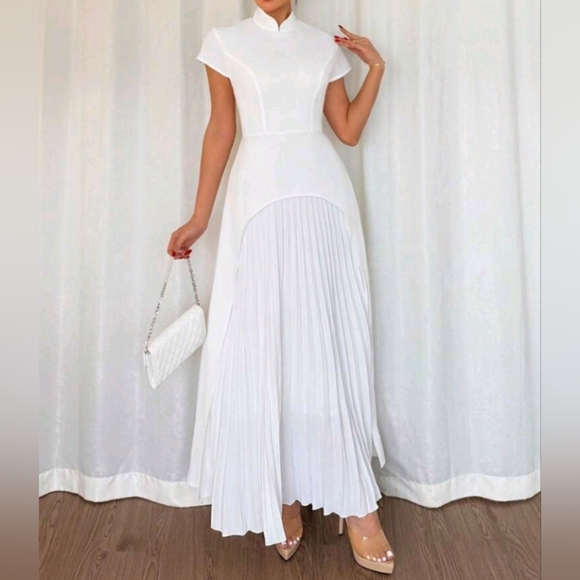 Women Elegant Stand Collar Patchwork Pleated Hem Waist-Cinched Dress - Picture 3 of 7